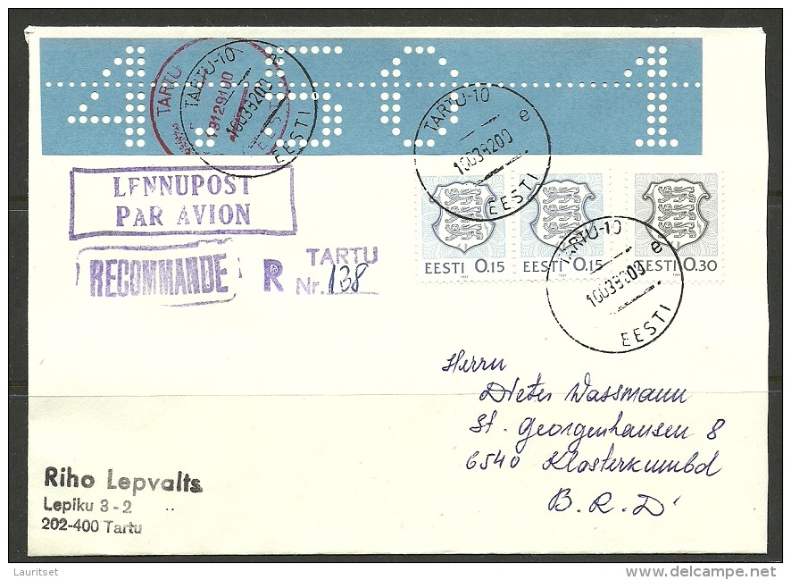 ESTLAND Estonia 1991 Tartu Dorpat Notmassnahme Lochstreife 4,50 Blau Auf Brief Nach Deutschland - Estland