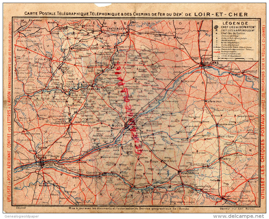 41 - LOIR ET CHER - PLAN CARTE POSTALE TELEGRAPHIQUE  ET CHEMINS DE FER - 1937 - 37- 45- - Europe