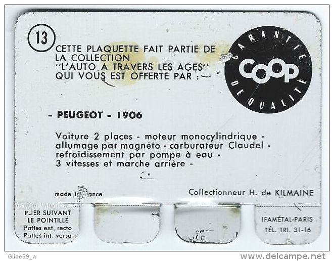 Plaquette En Tôle - L'Auto à Travers Les âges - Editions COOP - N° 13 - Peugeot - 1906 - Tin Signs (vanaf 1961)