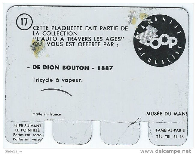 Plaquette En Tôle - L'Auto à Travers Les âges - Editions COOP - N° 17 - De Dion Bouton - 1887 - Tin Signs (vanaf 1961)