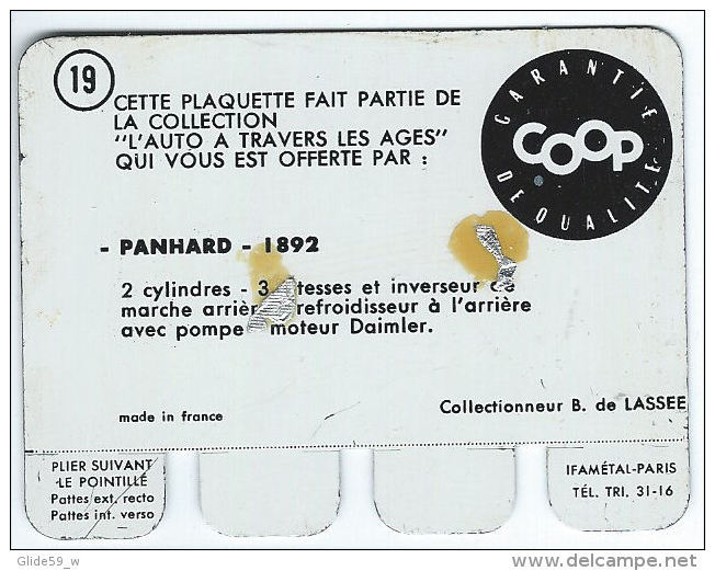 Plaquette En Tôle - L'Auto à Travers Les âges - Editions COOP - N° 19 - Panhard - 1892 - Blechschilder (ab 1960)
