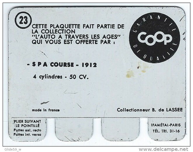 Plaquette En Tôle - L'Auto à Travers Les âges - Editions COOP - N° 23 - S P A Course - 1912 (2) - Tin Signs (after1960)