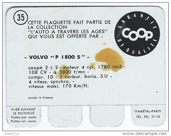Plaquette En Tôle - L'Auto à Travers Les âges - Editions COOP - N° 35 - Volvo "P 1800 S" - Plaques En Tôle (après 1960)