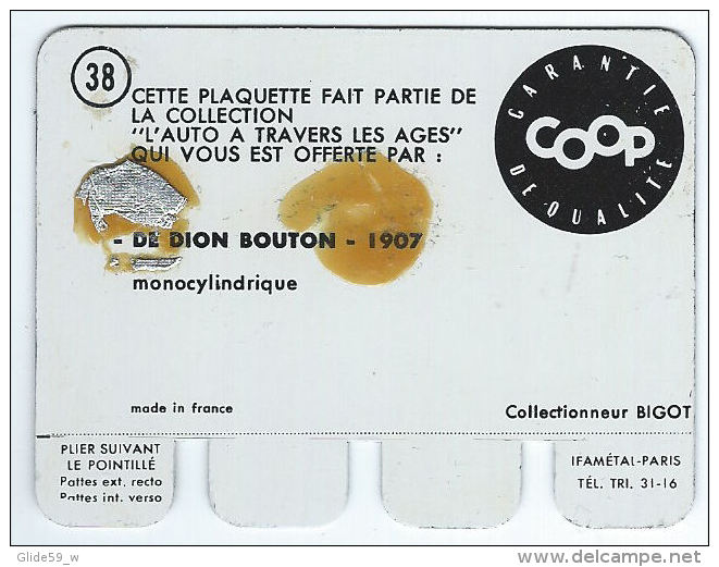 Plaquette En Tôle - L'Auto à Travers Les âges - Editions COOP - N° 38 - De Dion Bouton - 1907 - Tin Signs (after1960)