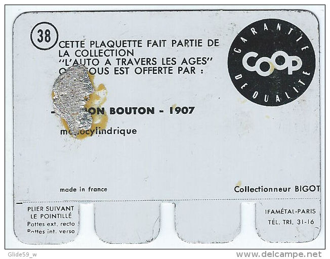 Plaquette En Tôle - L'Auto à Travers Les âges - Editions COOP - N° 38 - De Dion Bouton - 1907 (2) - Tin Signs (after1960)