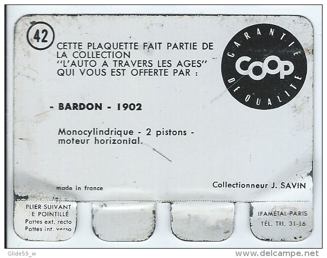 Plaquette En Tôle - L'Auto à Travers Les âges - Editions COOP - N° 42 - Bardon - 1902 - Plaques En Tôle (après 1960)