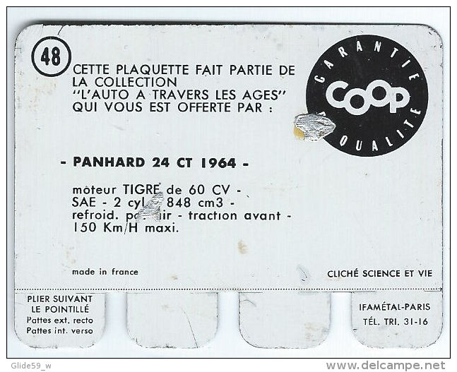 Plaquette En Tôle - L'Auto à Travers Les âges - Editions COOP - N° 48 - Panhard 24 CT 1964 - Tin Signs (vanaf 1961)