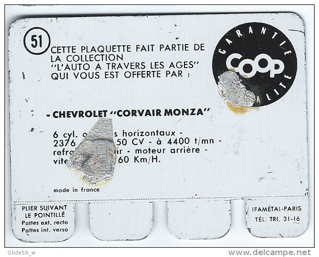 Plaquette En Tôle - L'Auto à Travers Les âges - Editions COOP - N° 51 - Chevrolet "Corvair Monza" - Plaques En Tôle (après 1960)