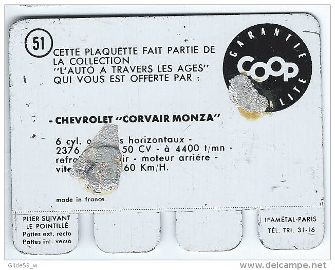 Plaquette En Tôle - L'Auto à Travers Les âges - Editions COOP - N° 51 - Chevrolet "Corvair Monza" - Tin Signs (after1960)