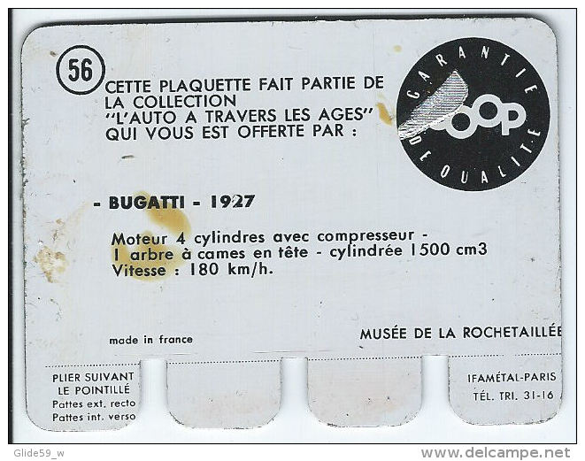 Plaquette En Tôle - L'Auto à Travers Les âges - Editions COOP - N° 56 - Bugatti - 1927 - Placas En Aluminio (desde 1961)