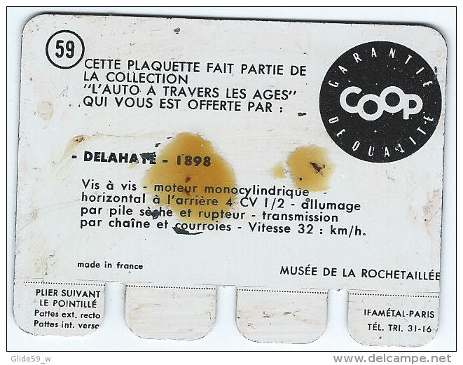 Plaquette En Tôle - L'Auto à Travers Les âges - Editions COOP - N° 59 - Delahaye - 1898 - Tin Signs (after1960)