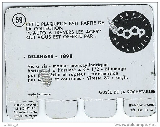 Plaquette En Tôle - L'Auto à Travers Les âges - Editions COOP - N° 59 - Delahaye - 1898 (2) - Plaques En Tôle (après 1960)