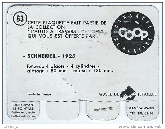 Plaquette En Tôle - L'Auto à Travers Les âges - Editions COOP - N° 63 - Schneider - 1925 - Plaques En Tôle (après 1960)