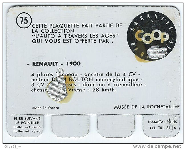 Plaquette En Tôle - L'Auto à Travers Les âges - Editions COOP - N° 75 - Renault - 1900 - Tin Signs (vanaf 1961)