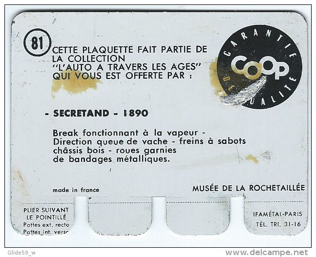 Plaquette En Tôle - L'Auto à Travers Les âges - Editions COOP - N° 81 - Secretand - 1890 - Tin Signs (vanaf 1961)