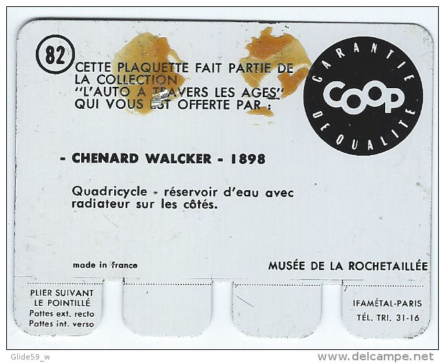 Plaquette En Tôle - L'Auto à Travers Les âges - Editions COOP - N° 82 - Chenard Walcker - 1898 - Tin Signs (vanaf 1961)