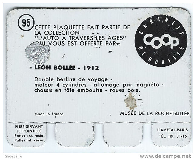 Plaquette En Tôle - L'Auto à Travers Les âges - Editions COOP - N° 95 - Léon Bollée - 1912 - Tin Signs (vanaf 1961)