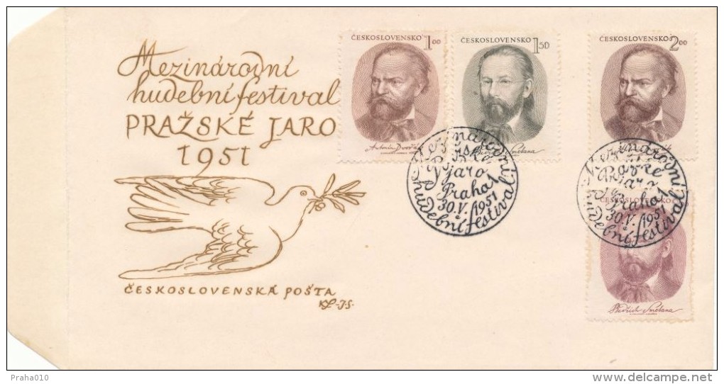 Czechoslovakia / First Day Cover (1951/10) Praha 1 (a): Festival Prague Spring (Other Configuration Stamps! -1/1,50/2/3) - Plaatfouten En Curiosa