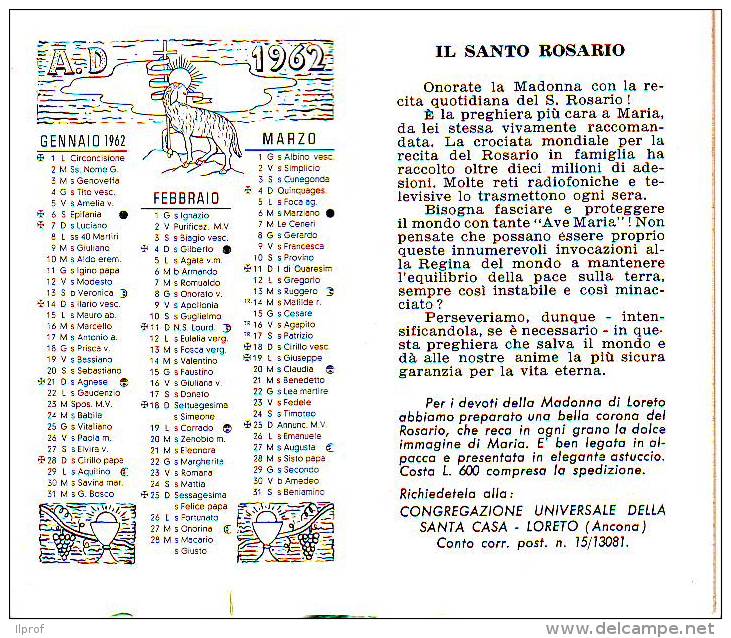 Calendario 1962, Ricordo Di Loreto, 6 Pagine - Formato Piccolo : 1961-70