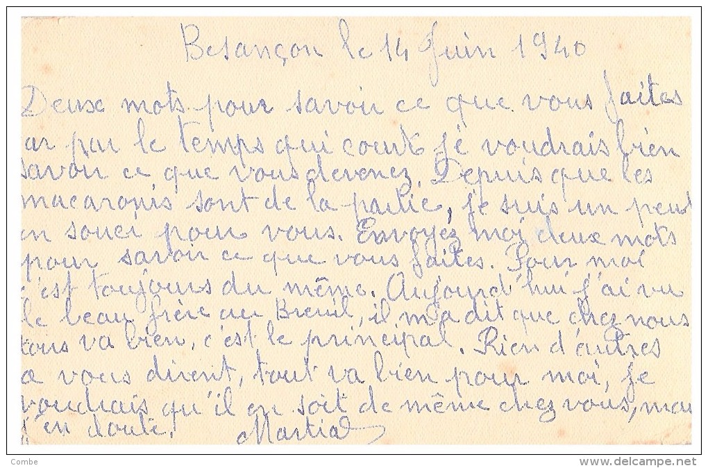 CARTE CORRESPONDANCE MILITAIRE 14 JUIN 1940  BESANCON-NICE/ 5859 - Lettres & Documents