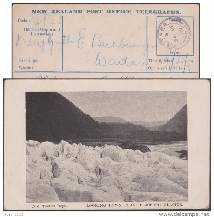 Nouvelle-Zélande 1909. Carte-télégramme, De Waitara. Vœux De Noël. Glacier François-Joseph, Montagne - Montañas