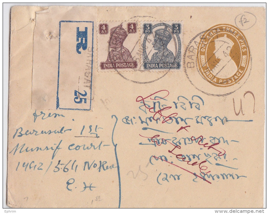 BRITISH INDIA - INDE - RAJ - REGISTERED STATIONARY COVER BARASAT 1942 TO TALPUKUR - ENTIER POSTAL GEORGE VI - 1936-47  George VI