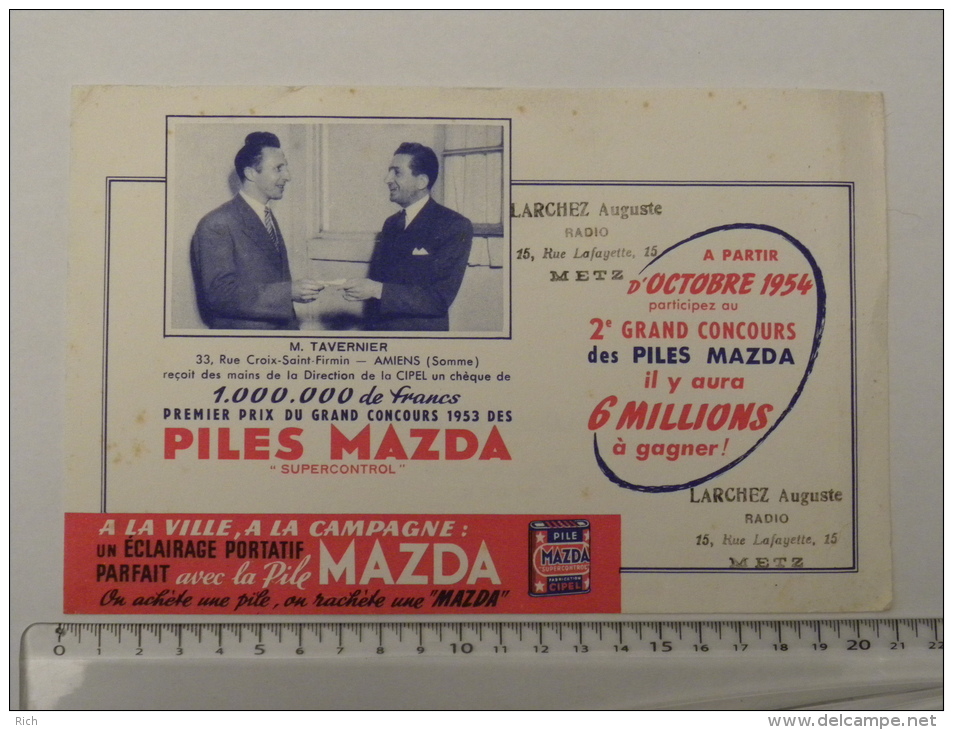 Buvard Publicitaire PILES MAZDA - 1954 -  Vendeur LARCHEZ Auguste Radio, 15 Rue Lafayette, METZ - Batterie