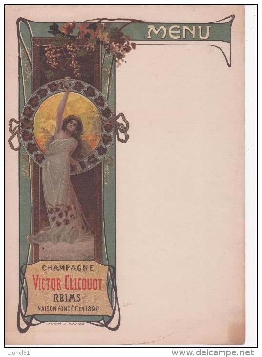 ART NOUVEAU  F.NECCHI Ou F.XECCHI : (Illustrateur) Menu   Champagne Victor CLIQUOT REIMS Maison Fondé En 1892 17x24,5 Cm - Mucha, Alphonse