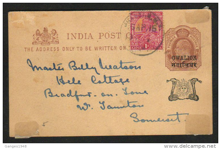 Gwalior State &amp; India KG V  1a Combination KE VII Post Card To Somerset  # 87368.  Inde Indien - Gwalior