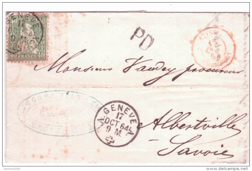 1864- Lettre De Genève Pour Albertville ( Savoie ) Affr. Zumstein N°34 Seul - Briefe U. Dokumente