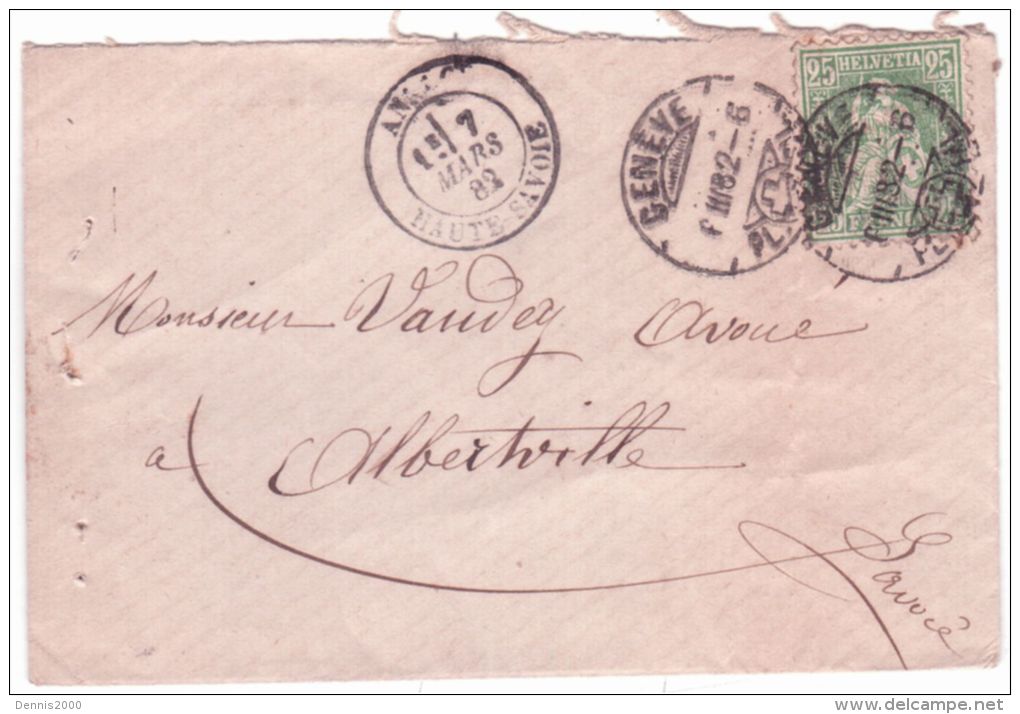 1882- Enveloppe De Genève Pour Albertville ( Savoie ) Affr. Zumstein N° 40 Ou 49  Seul - Covers & Documents