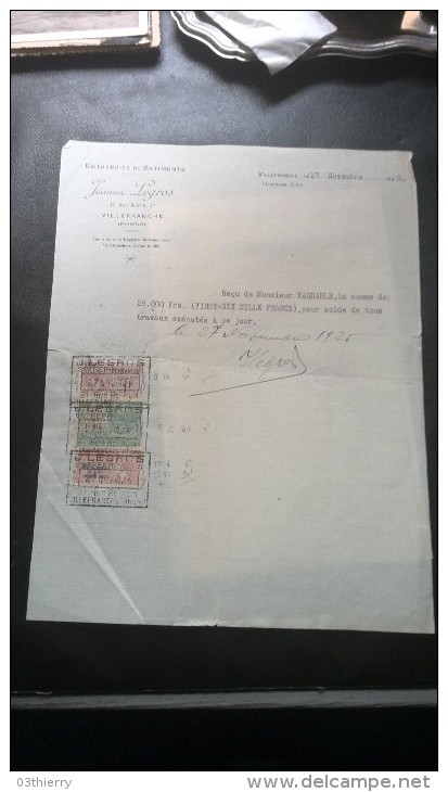 FACTURE 1925 JOANNES LEGROS ENTREPRISE BATIMENT VILLEFRANCHE 69 RHONE - Other & Unclassified