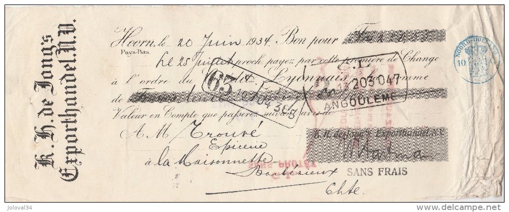Lettre Change 20/6/1934 K H De Jong's Exporthandel HOORN Pays Bas Pour Barbezieux Charente France - Timbre Fiscal - Nederland