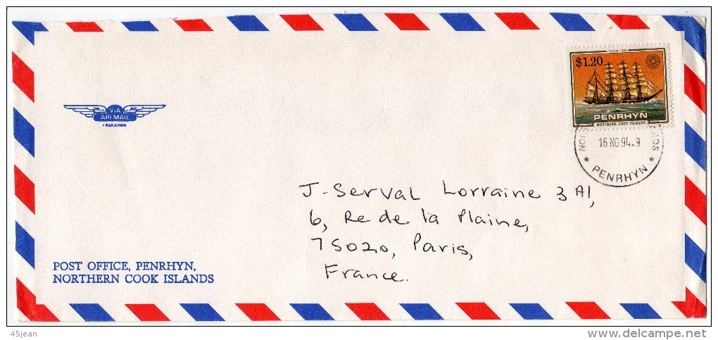 Penrhyn: 1994  Lettre Voyagé Vers La France Timbre Bateau "Pamir" - Penrhyn