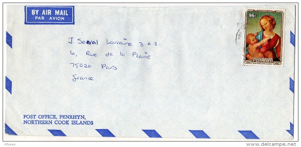 Penrhyn: 1985  Lettre Voyagé Vers La France Timbre Noël "Vierge Et Enfant" - Penrhyn