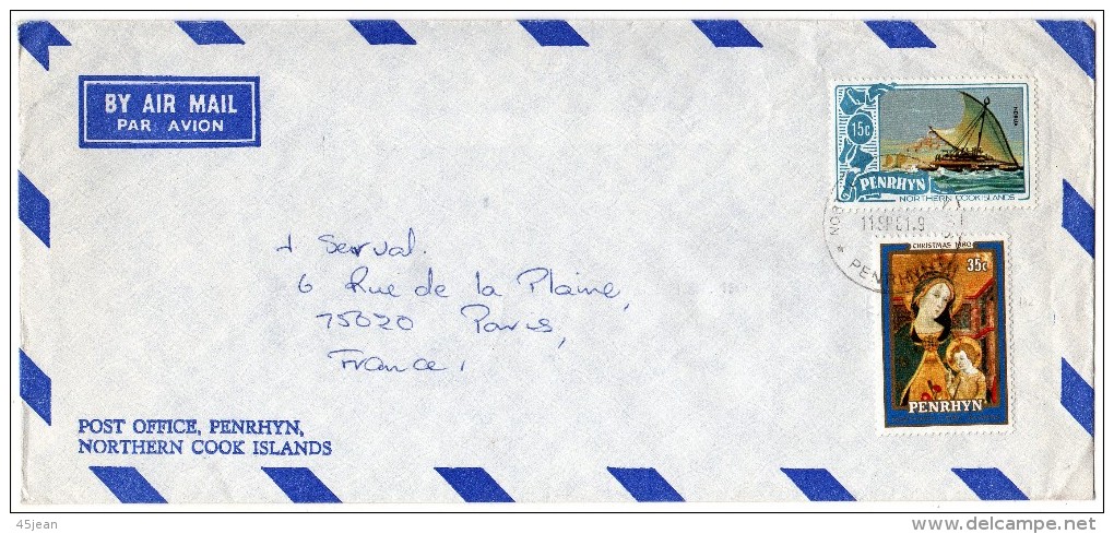 Penrhyn: 1981  Lettre Voyagé Vers La France Timbre Noël Vierge Et L'enfant Et Bateau - Penrhyn