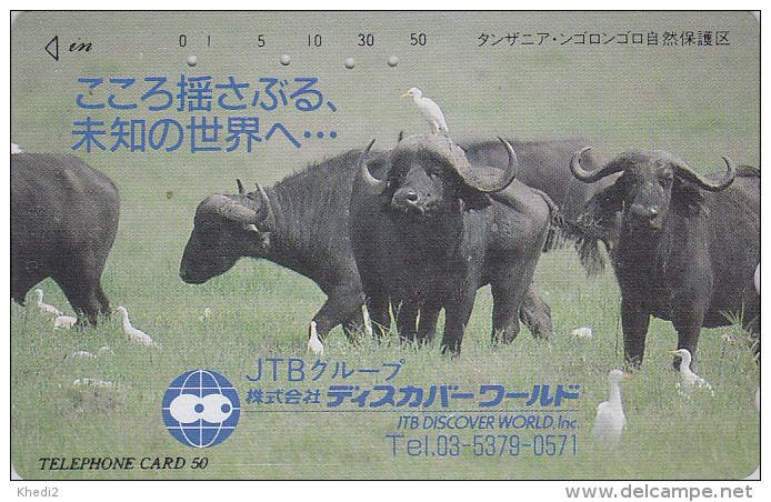 RARE Télécarte JAPON - JTB - Animal BUFFLE & Oiseau PIQUE-BOEUF - BUFFALO & BIRD In TANZANIA JAPAN Phonecard - 43 - Vacas