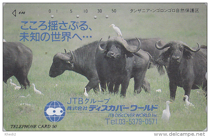 RARE Télécarte JAPON - JTB - Animal BUFFLE & Oiseau PIQUE-BOEUF - BUFFALO & BIRD In TANZANIA JAPAN Phonecard - 43 - Cows