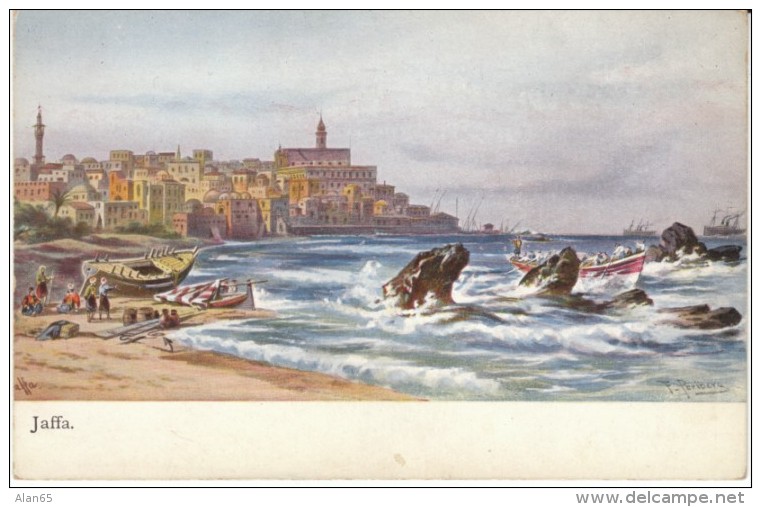 Jaffa Israel, Shore Coast Ships Boats Illustrated C1900s Vintage Postcard - Israel