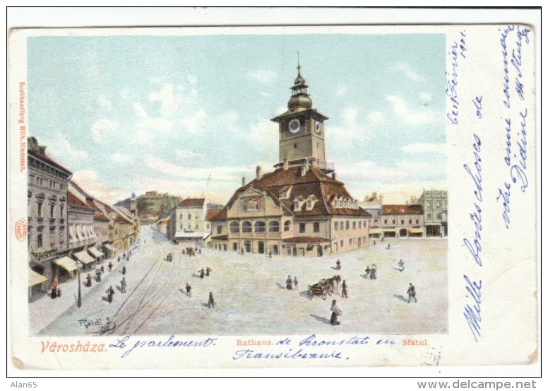 Brosov Romania, Town Hall Rathaus, Town Square Scene, Bacau Postmark 1900s Vintage Postcard - Romania