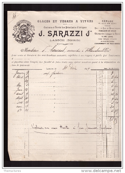 Facture  SARAZZI (langon, Gironde) (verre à Vitre ) 1899  (PPP1486) - Other & Unclassified