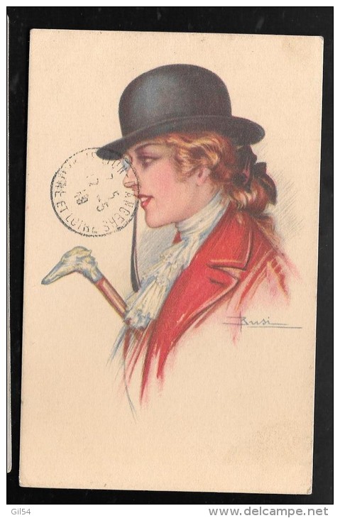 Cpa Illustrée, Femme Au Chapeau Melon Canne à Tête De Chien , Signée Busi     Hah79 - Busi, Adolfo