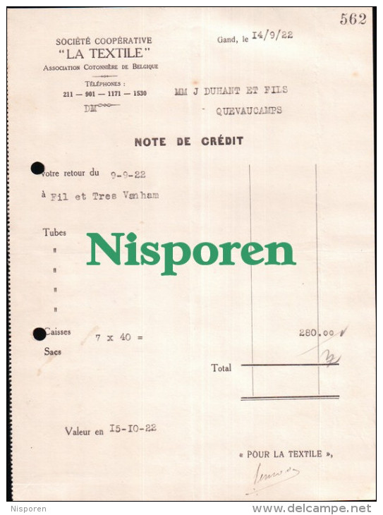 1922 - Société Coopérative " La Textile " Association Cotonnière De Belgique Gand Note De Crédit - Textile & Vestimentaire