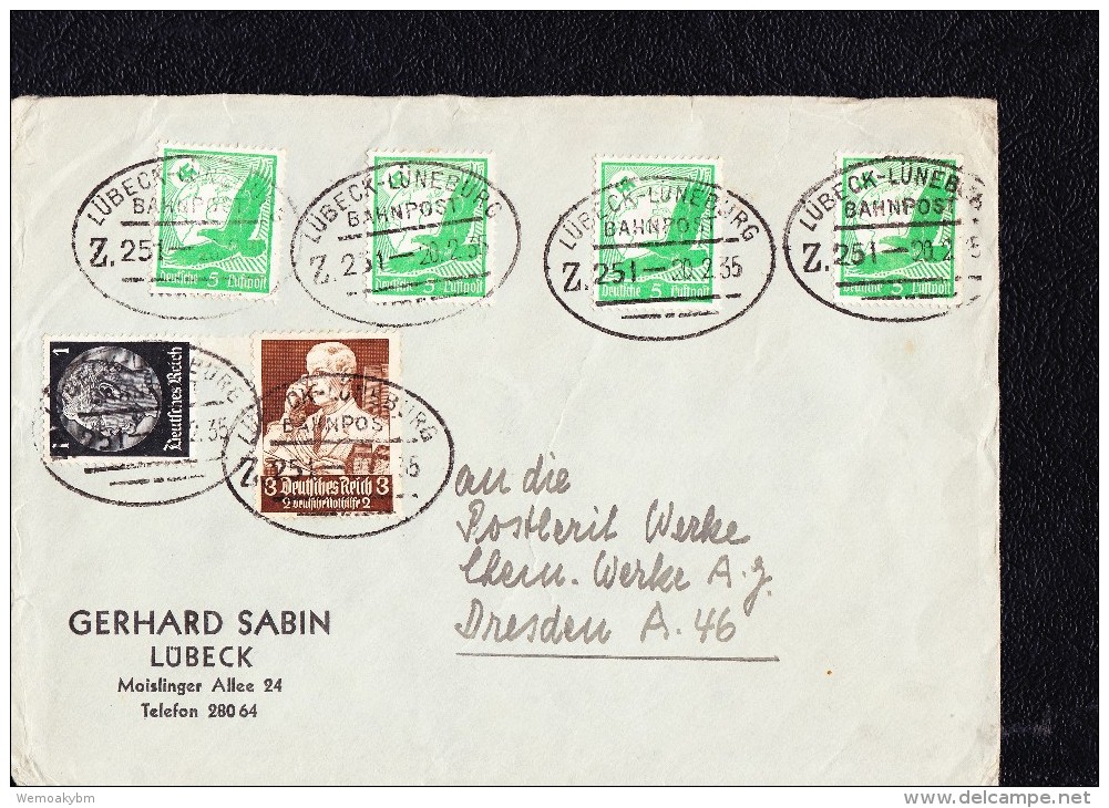 DR 33 -45: Fern-Doppel-Brief Mit 3 Pfg "Berufsstände" Bahnpoststempel LÜBECK-LÜNEBURG ZUG 251, 20.2.35  Knr: 556u.a - Briefe U. Dokumente