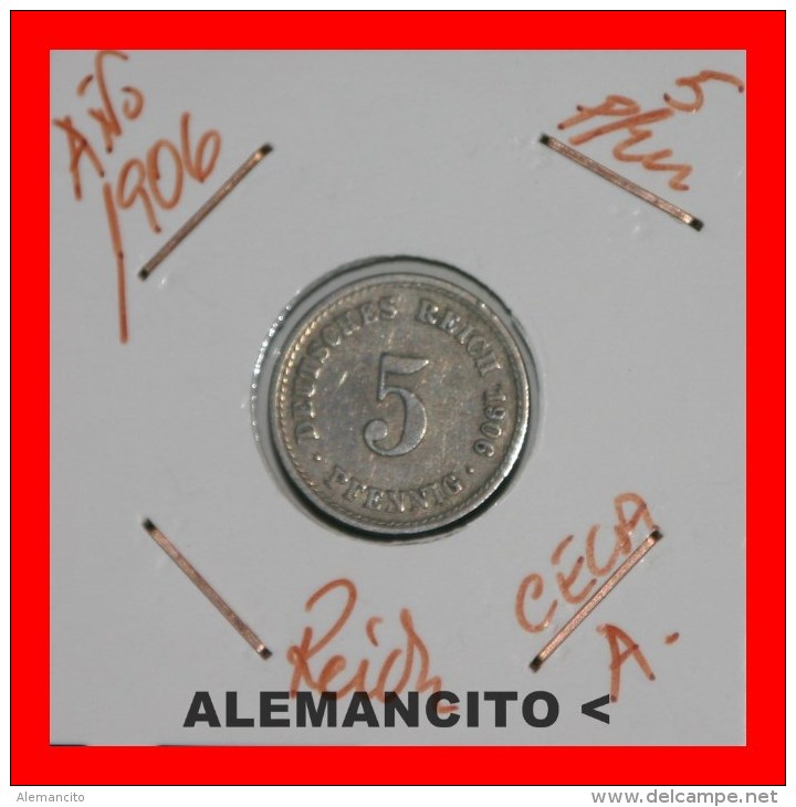 ALEMANIA - IMPERIO 5-Pfn. DEUTSCHES REICH AÑO 1906 - 5 Pfennig