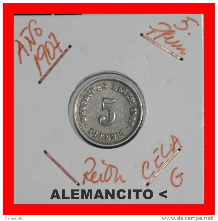 ALEMANIA - IMPERIO 5-Pfn. DEUTSCHES REICH AÑO 1907 - 5 Pfennig