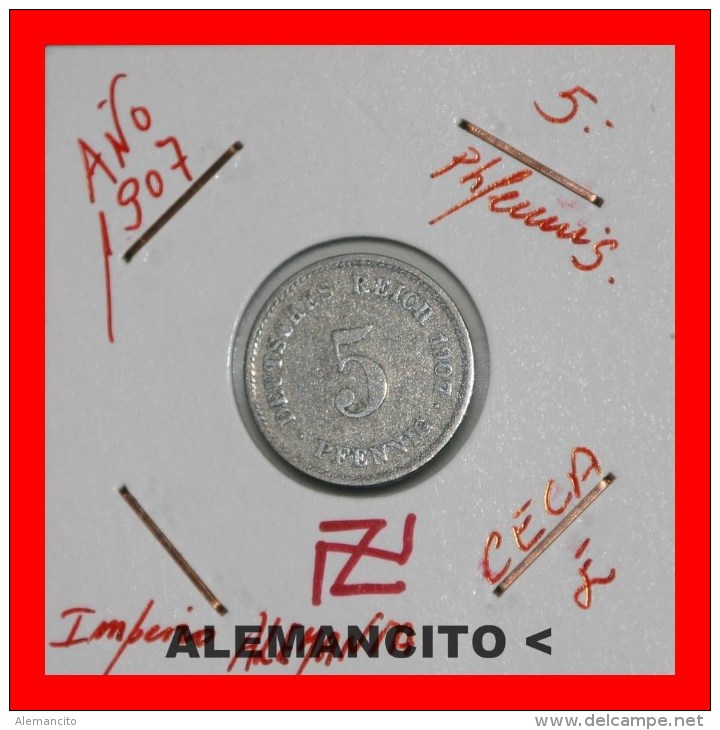 ALEMANIA - IMPERIO 5-Pfn. DEUTSCHES REICH AÑO 1907 - 5 Pfennig