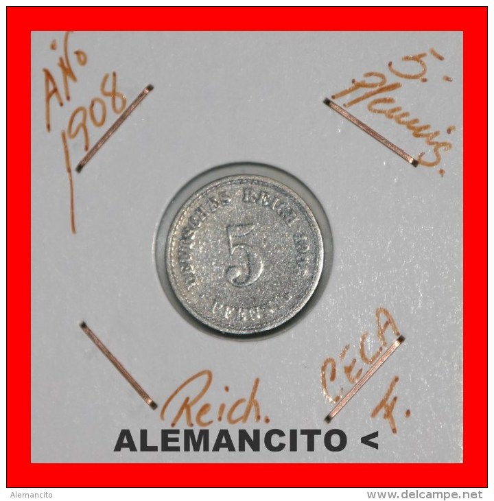 ALEMANIA - IMPERIO 5-Pfn. DEUTSCHES REICH AÑO 1908 - 5 Pfennig