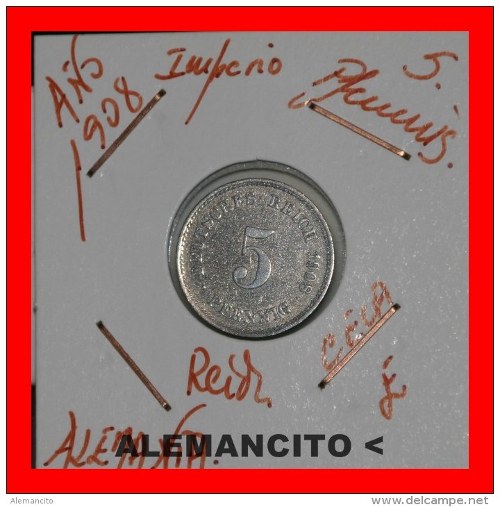 ALEMANIA - IMPERIO 5-Pfn. DEUTSCHES REICH AÑO 1908 - 5 Pfennig