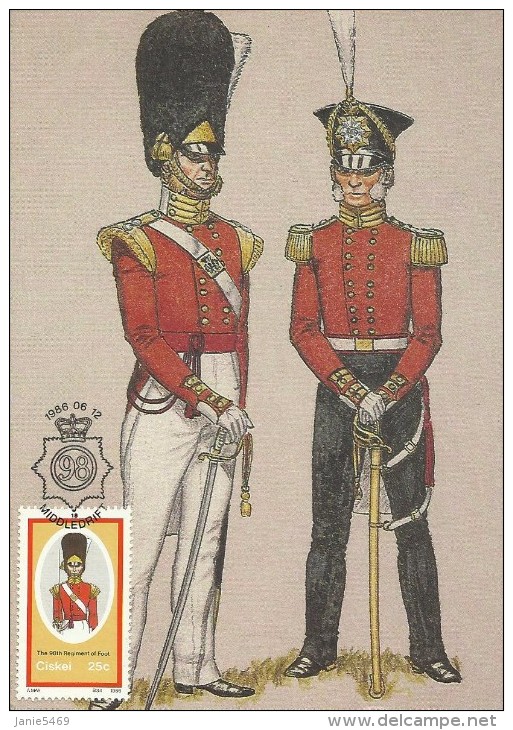 South Africa Ciskei 1986 Military Uniforms, The 98th Regiment Of Foot, 25c Maximum Card - Ciskei